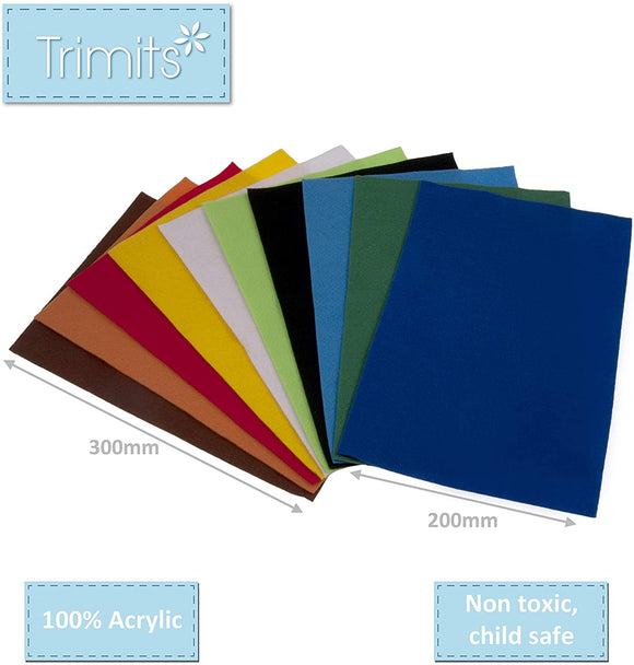 Trimits Multi Coloured Crafting Felt 10 Pieces - 300 x 200mm