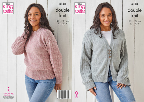 King Cole Knitting Pattern Sweater and Cardigan - Knitted in Simply Denim DK 6158