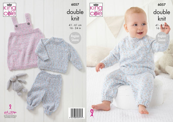 King Cole Knitting Pattern Sweater, Pinafore Dress and Pants - Knitted in Cloud Nine DK 6057