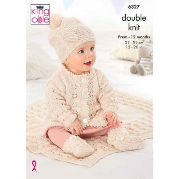 King Cole Pattern Matinee Coat, Cardigan, Hats, Bootees and Blanket knitted in Glitz DK 6327