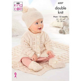 King Cole Pattern Matinee Coat, Cardigan, Hats, Bootees and Blanket knitted in Glitz DK 6327