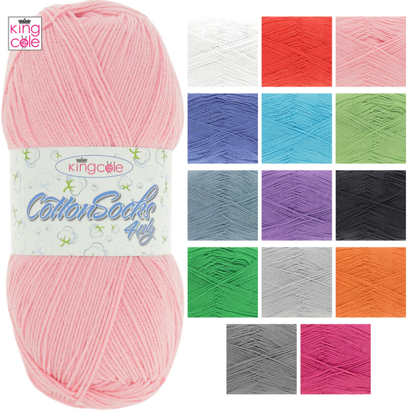 King Cole Cotton Socks 4 Ply 100g Yarn - All Colours 