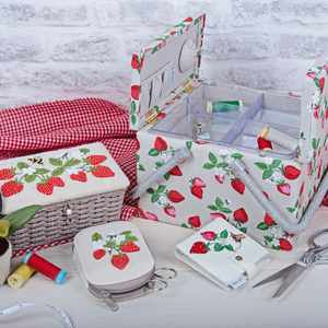 HobbyGift Sewing Box (L): Twin Lid: Square: Natural Strawberries
