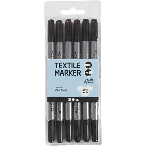 Creativ Textile markers, black, line 2.3+3.6 mm, 6 pc/ 1 pack