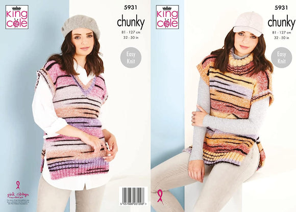 King Cole Pattern Ladies Cowl and V Neck Tanks: Knitted in Safari Chunky 5931