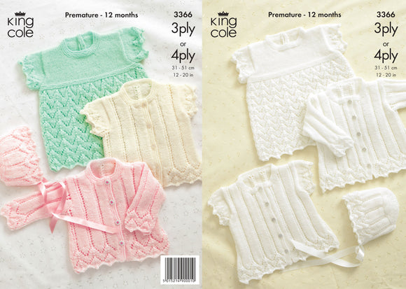 King Cole Pattern Cardigans, Bonnet and Angel Top Knitted in Comfort 3Ply/4Ply 3366