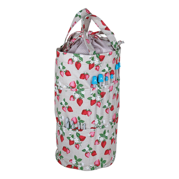 HobbyGift Knitting Bag: Drawstring with Outside Pockets: Natural Strawberries