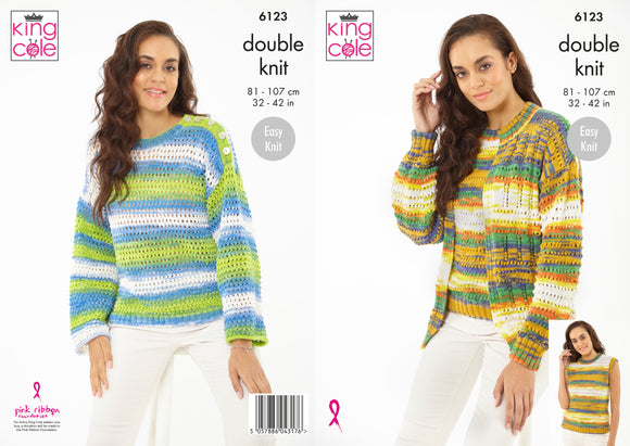 King Cole Knitting Pattern Sweater, Cardign and Tank Top - Knitted in Tropical Beaches DK 6123