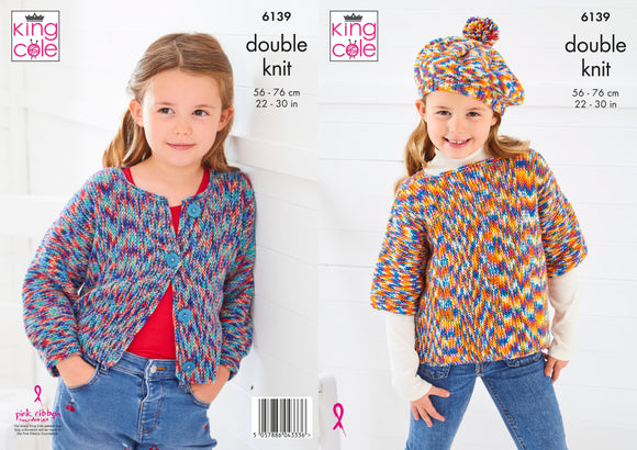 King Cole Knitting Pattern Overtop, Cardigan and Beret - Knitted in Jitterbug DK 6139