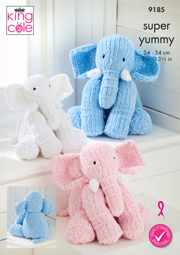 King Cole Knitting Pattern Elephant Toys: Knitted in Super Yummy 9185