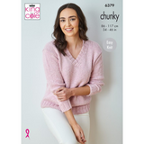 King Cole Pattern Ladies V Neck Sweater and Top knitted in Simply Denim Chunky 6379