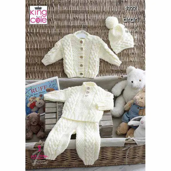 King Cole Pattern Kids Sweater, Cardigan, Trousers & Hat Knitted in Comfort Aran 5222