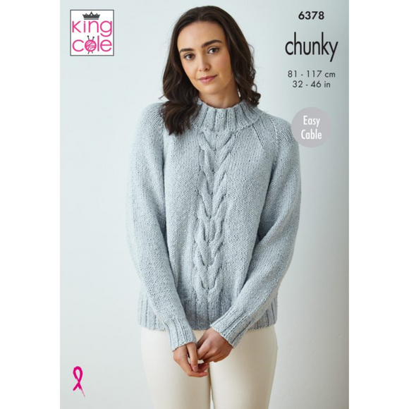 King Cole Pattern Ladies Cape Top and Oversized Cable Sweater knitted in Simply Denim Chunky 6378