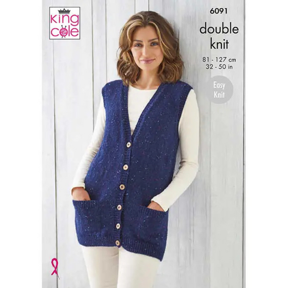 King Cole Pattern Ladies Waistcoats Knitted in Big Value Tweed DK 6091