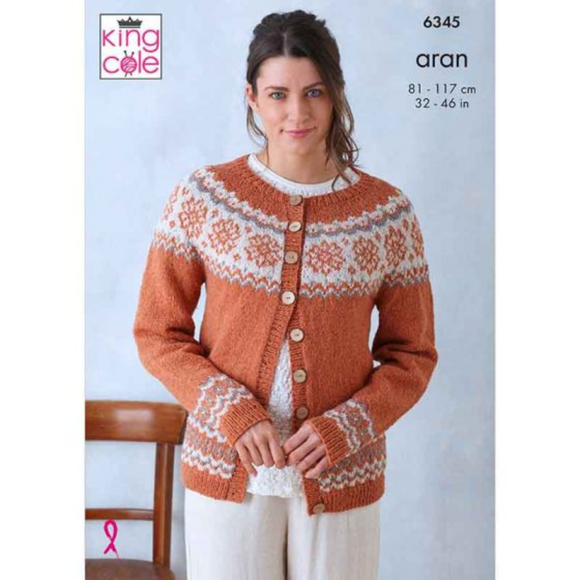 King Cole Pattern Cardigan and Waistcoat Top knitted in Forest Aran 6345