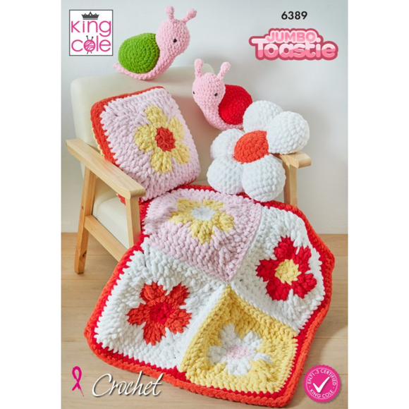 King Cole Pattern Flower Cushions, Blanket and Snail Toy Crocheted in Jumbo Toastie Super Chunky 6389