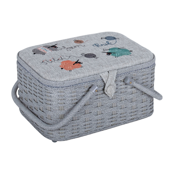 HobbyGift Sewing Box: Wicker Basket with Embroidered Lid: Knit Happens