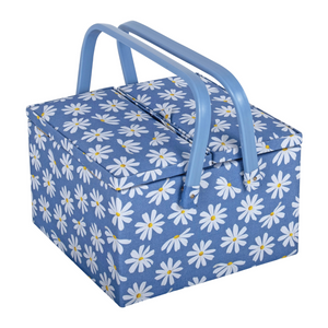 HobbyGift Sewing Box (L): Twin Lid: Square: Denim Daisies
