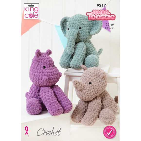 King Cole Pattern Elephant, Hippo and Rhino Toys crocheted in Jumbo Toastie Super Chunky 9217