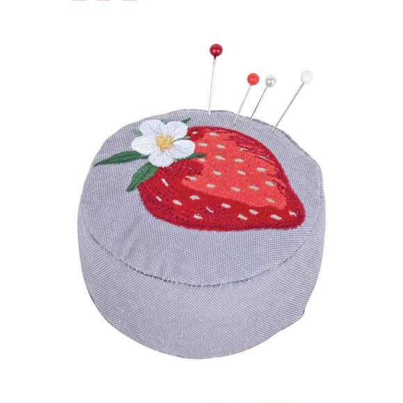 HobbyGift Pincushion: Wrist Strap: Embroidered: Natural Strawberries
