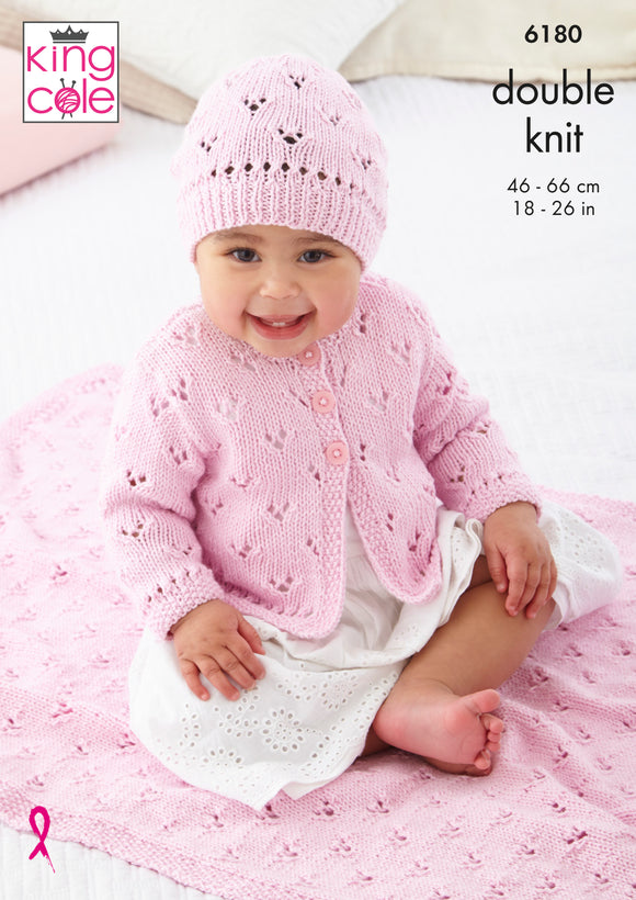 King Cole Knitting Pattern Cardigan, Hat, & Blanket Knitted in Cottonsoft DK 6180