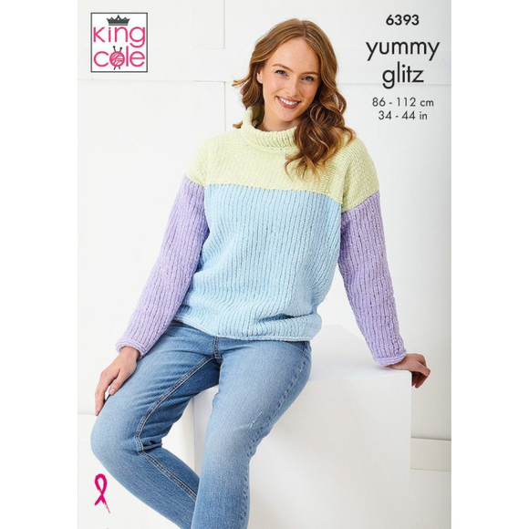 King Cole Pattern Ladies Sweater and Hooded Top knitted in Yummy Glitz 6393