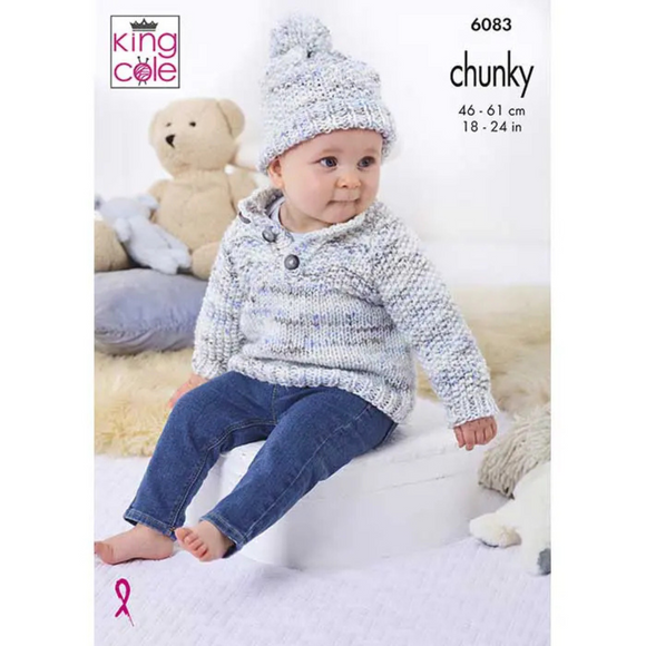 King Cole Pattern Babies Jacket, Sweaters, & Hat Knitted in Bumble Chunky 6083