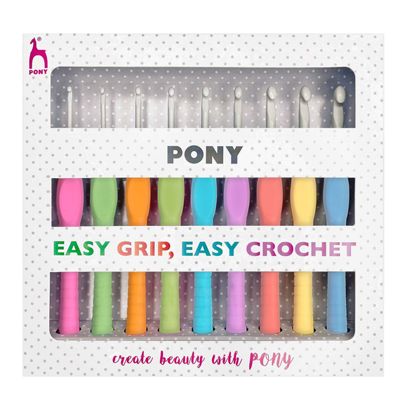 Pony Crochet Hook Set: Easy Grip Handle with Finger Flat: 14cm x 2mm - 6mm