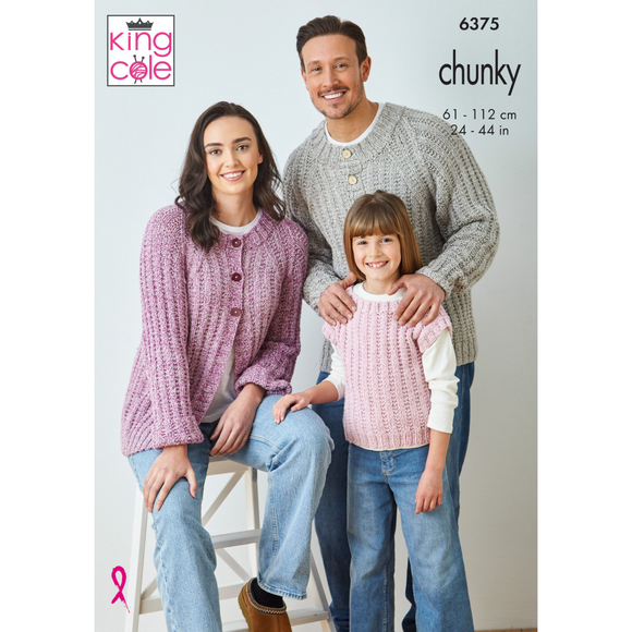 King Cole Pattern Family Sweater, Cardigan and Top knitted in Simply Denim Chunky 6375