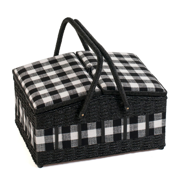 HobbyGift Sewing Box (L) - Twin-Lidded Wicker Hamper - Monochrome Gingham