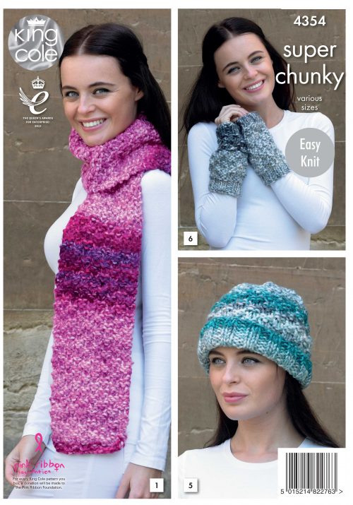 King Cole Knitting Pattern 4354 - Scarf/Snood/Shoulder Wrap/Hat/Wrist Warmers Super Chunky
