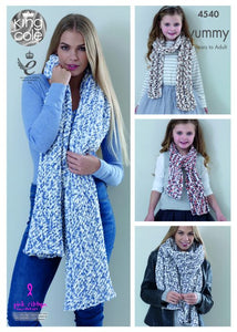 King Cole Knitting Pattern 4540 Ladies Shawls and Girls Scarves Yummy
