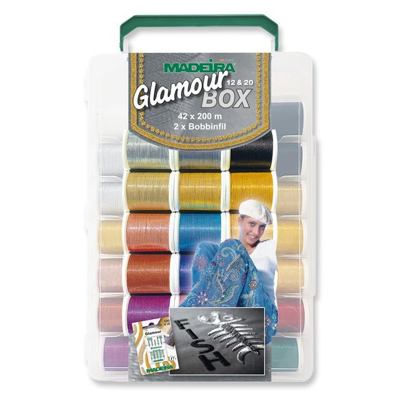 Madeira Softbox: Glamour No.20: 18 x 200m Spools: Glamour No.12: 24 x 200m Spools: Bobbinfil: 2 x 1500m