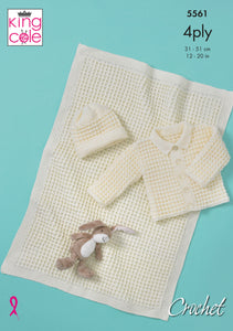 King Cole Crochet Pattern Baby Jacket, Hat & Blanket - 4ply 5561
