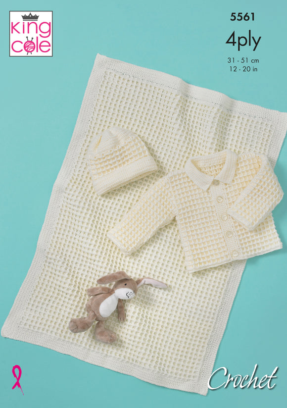 King Cole Crochet Pattern Baby Jacket, Hat & Blanket - 4ply 5561