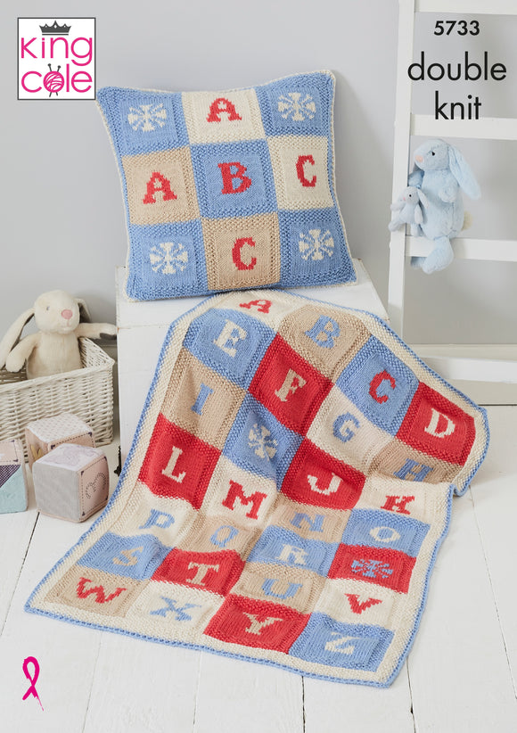 King Cole Knitting Pattern Alphabet Blanket & Cushion Cover Knitted in Cottonsoft DK - 5733