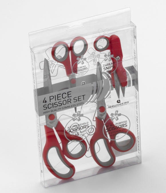 Grunwerg 4 Piece Scissors Set: Household Embroidery Sewing Snip - Red & Grey