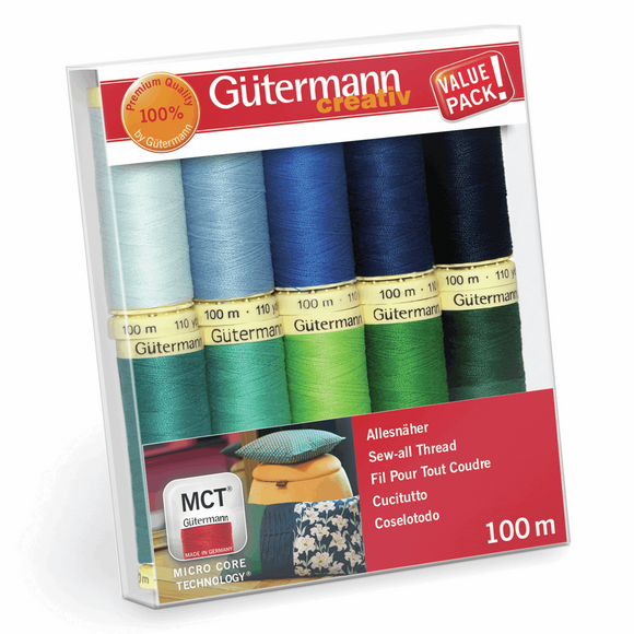 Gutermann Sew All Thread Set - 10 x 100m Reels - Blue and Green Shades