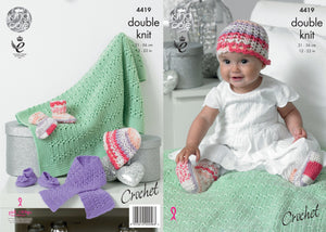 King Cole Crochet Pattern Hat, Scarf, Shoes, Sock & Blanket - DK 4419
