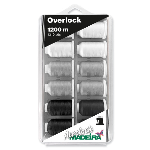 Madeira Overlock Box: Aerolock No.125: 12 x 1,200m: Black, Grey & White Miniking Spools
