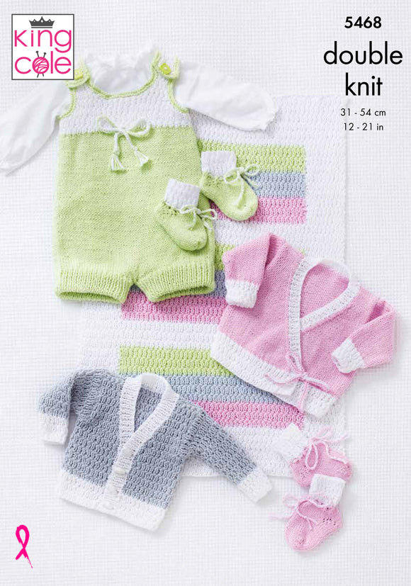 King Cole Knitting Pattern Baby Blanket, Romper, Cardigans and Bootees - DK 5468