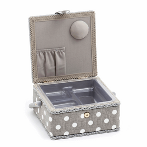 HobbyGift Small Sewing Box - Square - Grey Linen Polka Dot