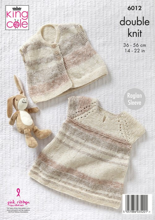 King Cole Pattern Cardigan, Dress and Gilet: Knitted in King Cole Baby Pure DK 6012