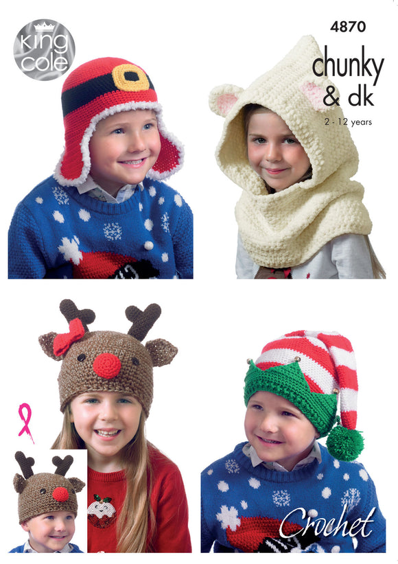 King Cole Crochet Pattern 4870 - Children's Christmas Novelty Hats - Chunky/DK