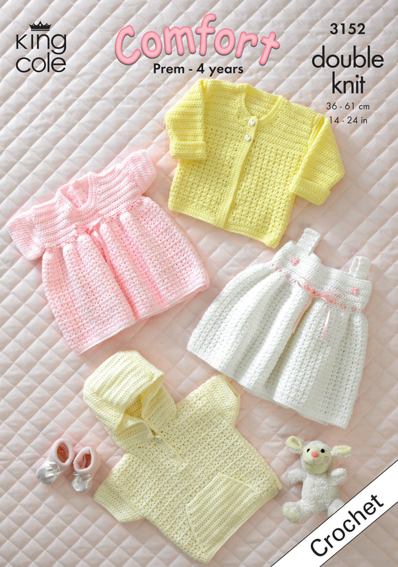 King Cole Crochet Pattern Baby Jacket, Cardigan & Dresses - DK 3152