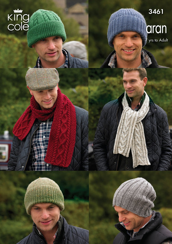 King Cole Knitting Pattern Mens Winter Hats & Scarfs - Aran 3461