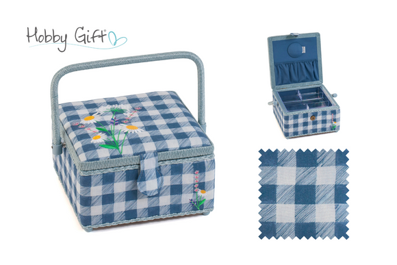 HobbyGift Sewing Box (M): Square: Embroidered Lid: Wild Floral Plaid