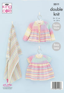 King Cole Knitting Pattern Baby Dress, Matinee Coat and Blanket - DK 5511