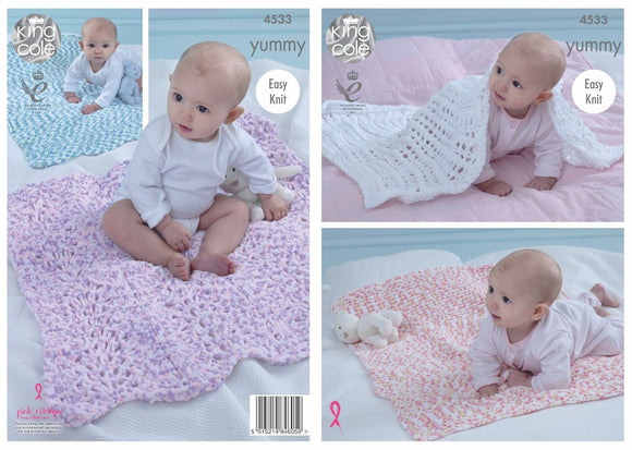 King Cole Knitting Pattern 4533 - 4 Styles Baby Blankets Yummy