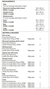 King Cole Knitting Pattern Hat, Snoods, Wristwarmers, Scarf, Bag & Loop - Rosarium 5755